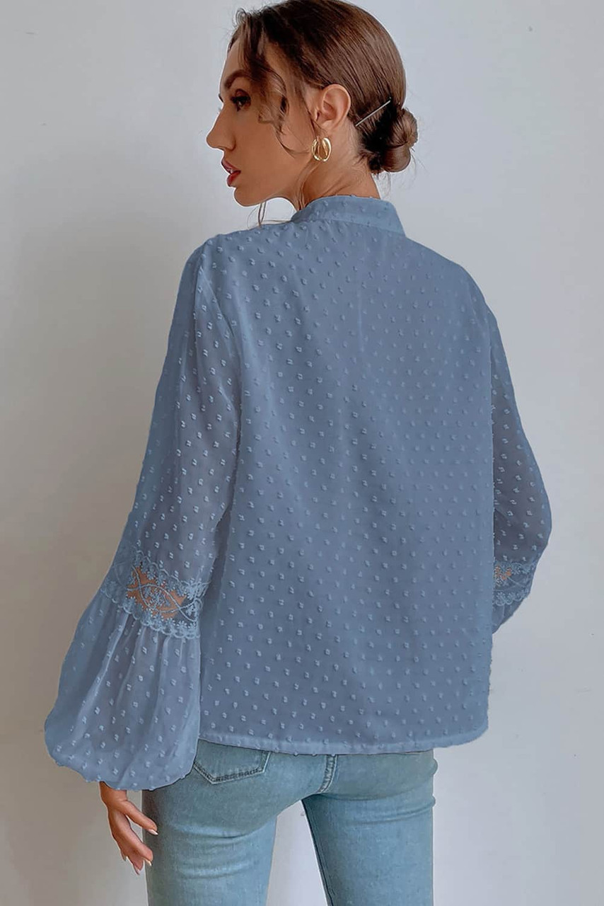 Sky Blue Swiss Dot Drawstring Balloon Sleeve Babydoll Blouse