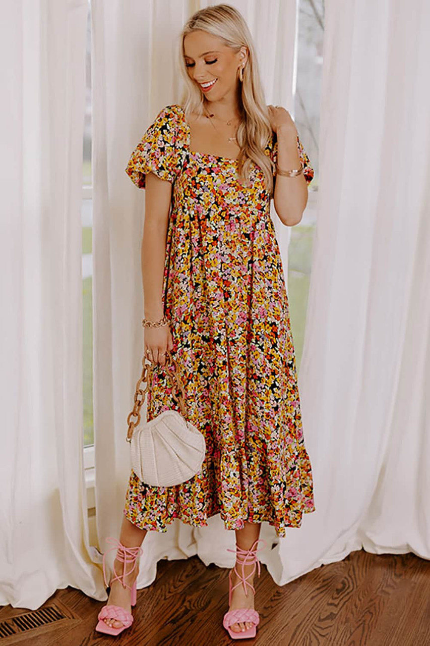 Yellow Puff Sleeve Square Neck Open Back Floral Midi Dress