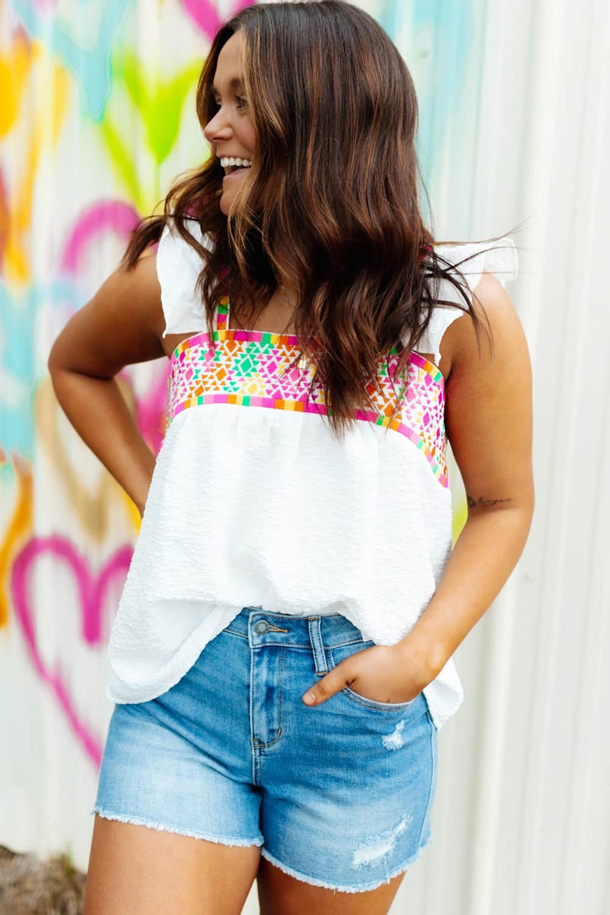 White Aztec Embroidered Square Neck Ruffle Tank Top