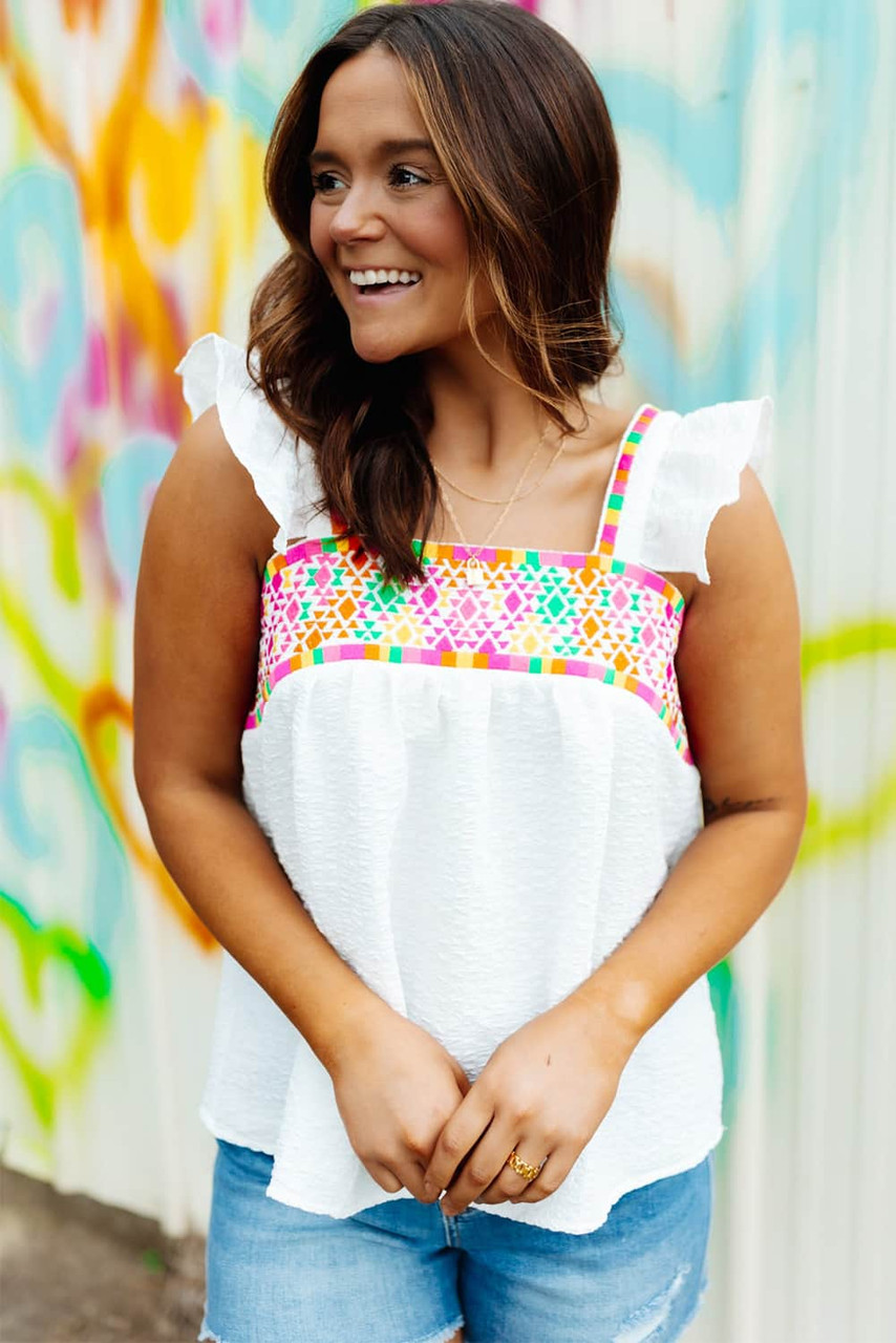 White Aztec Embroidered Square Neck Ruffle Tank Top