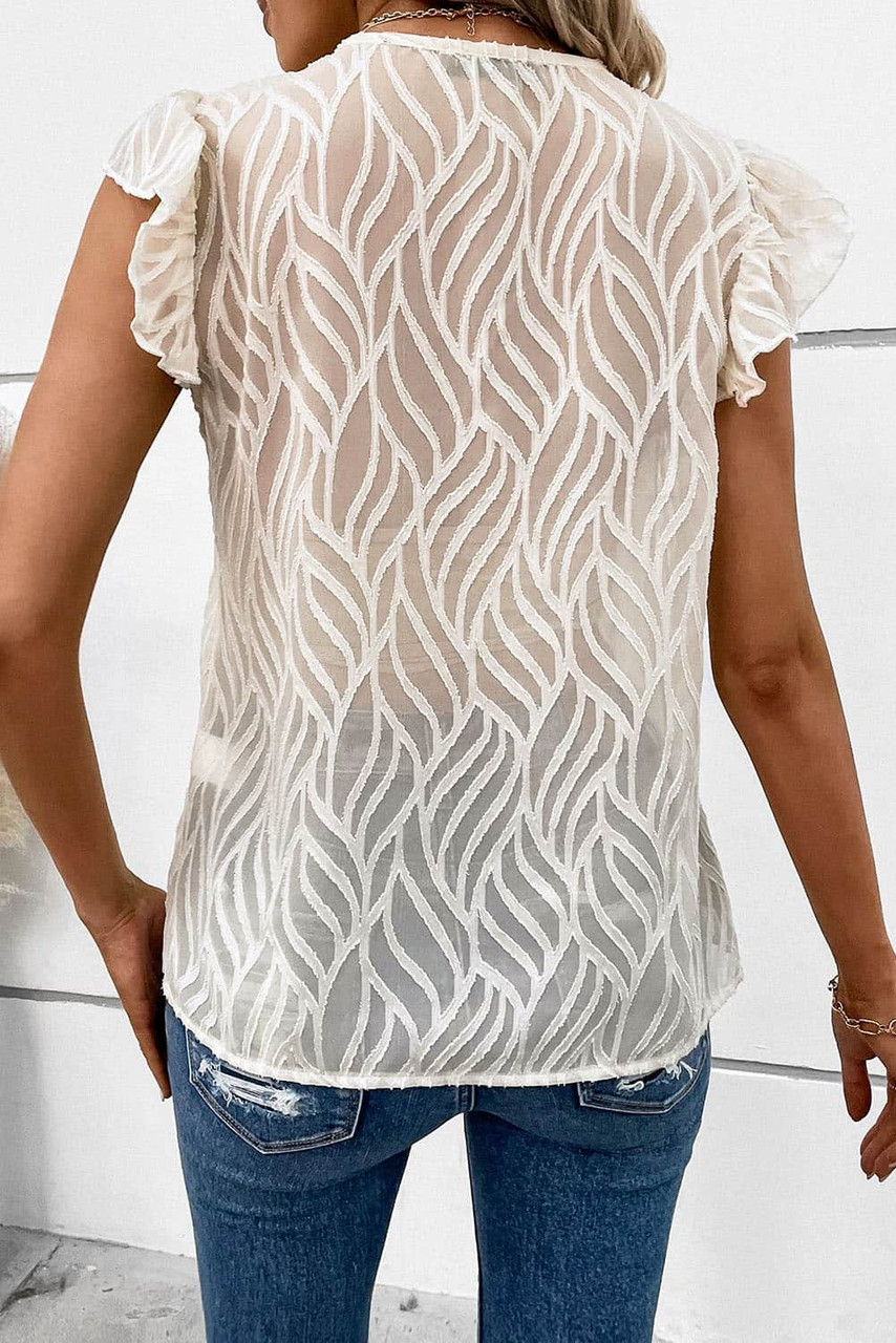 Apricot Casual V Neck Ruffled Short Sleeve Sheer Blouse