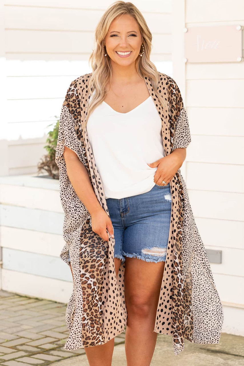 Plus Size Leopard Color Block Flowy Kimono