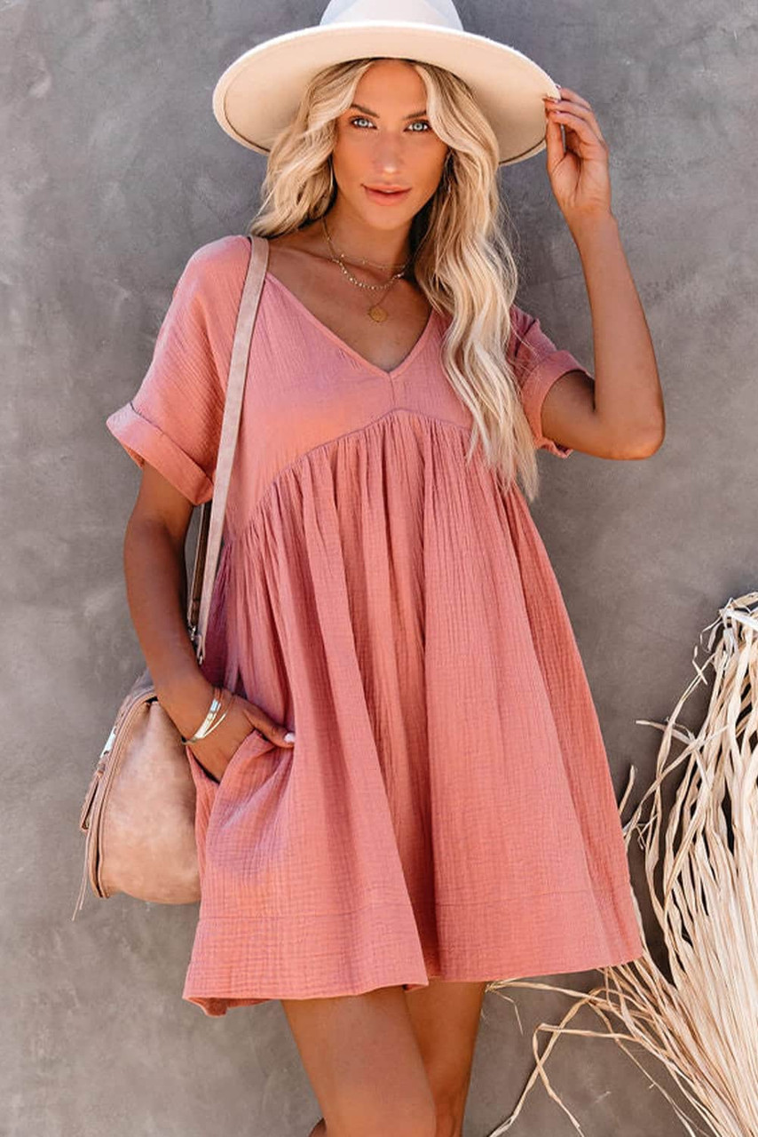 Pink Roll Up Short Sleeve V Neck Babydoll Mini Dress – KesleyBoutique