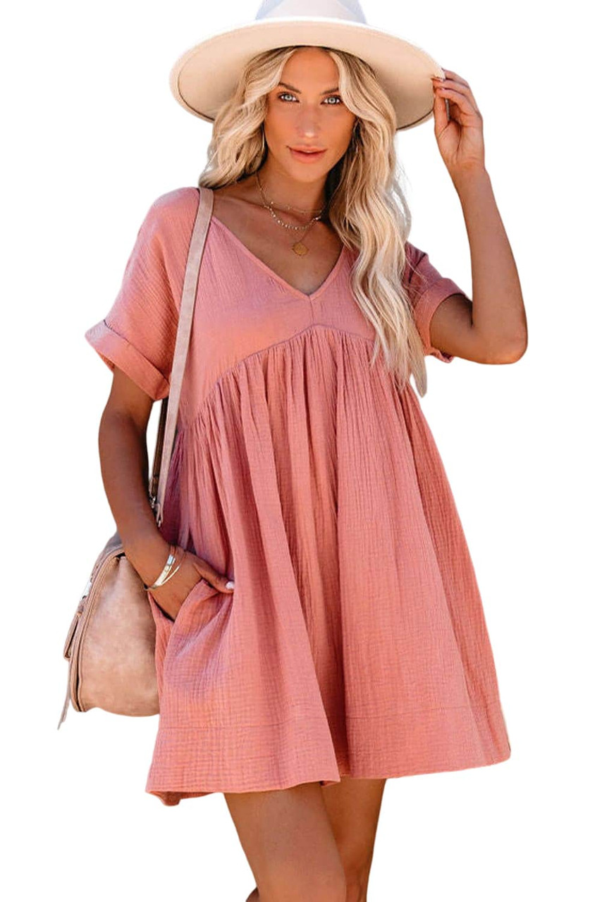 Pink Roll Up Short Sleeve V Neck Babydoll Mini Dress – KesleyBoutique