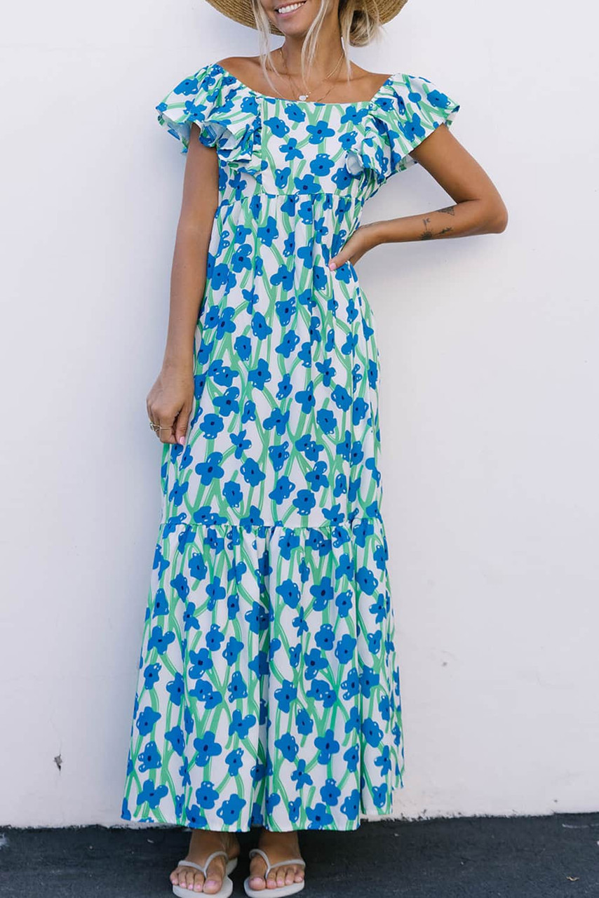 Sky Blue Boho Floral Print Maxi Dress