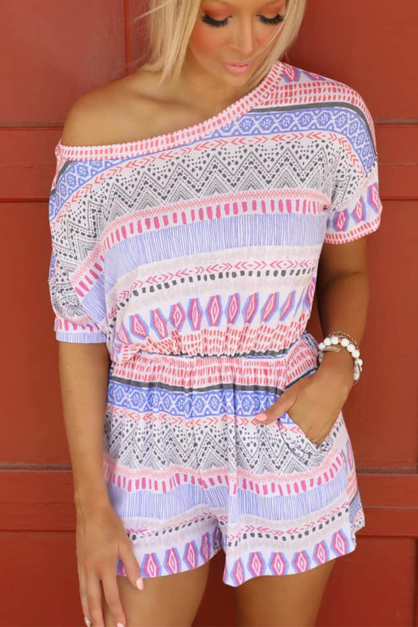 Multicolor Aztec Print Short Sleeve Romper