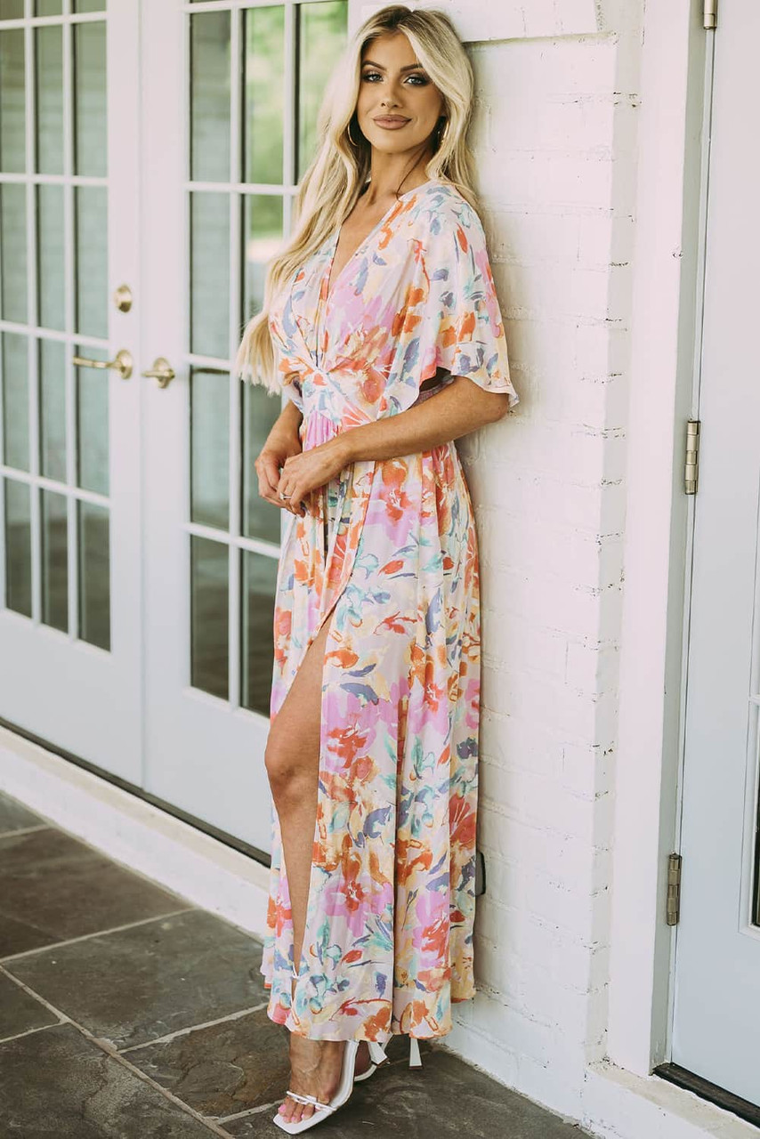 Multicolor Tropical Floral Print Ruched V Neck Maxi Dress