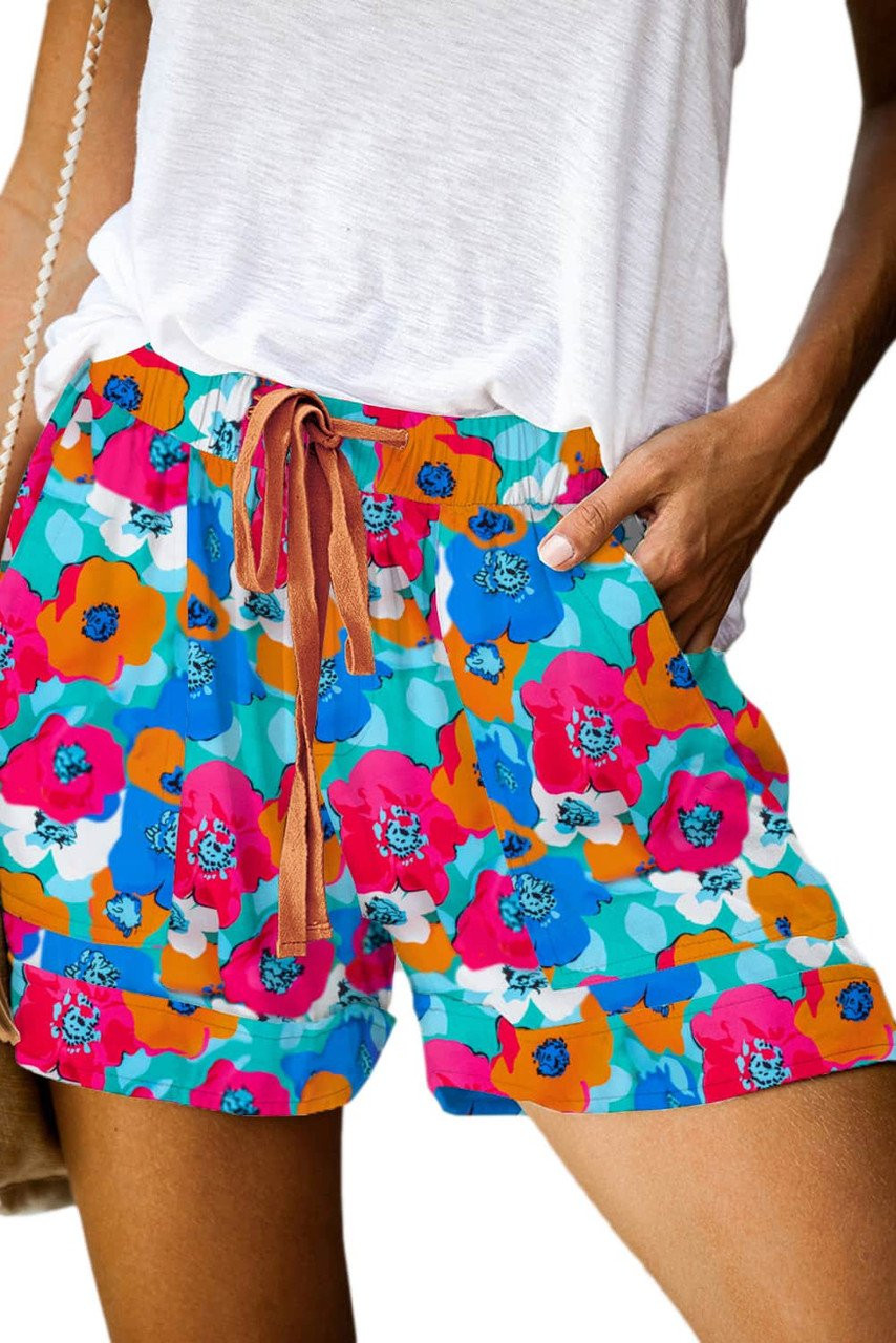 Multicolor Floral Print Drawstring Elastic Waist Casual Shorts