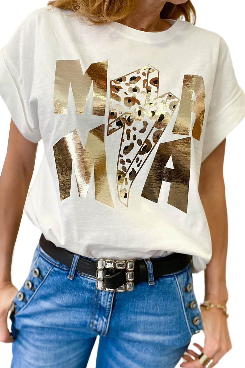 White Glitter MAMA Leopard Lightning Graphic Tee