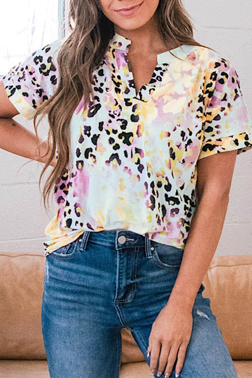 Leopard Dyed Notch V Neck Blouse