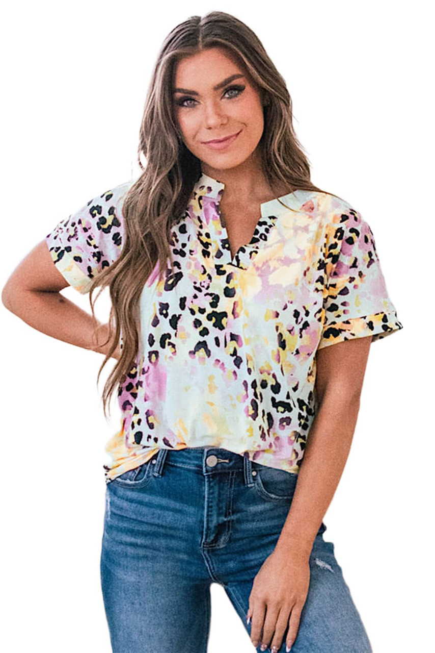 Leopard Dyed Notch V Neck Blouse