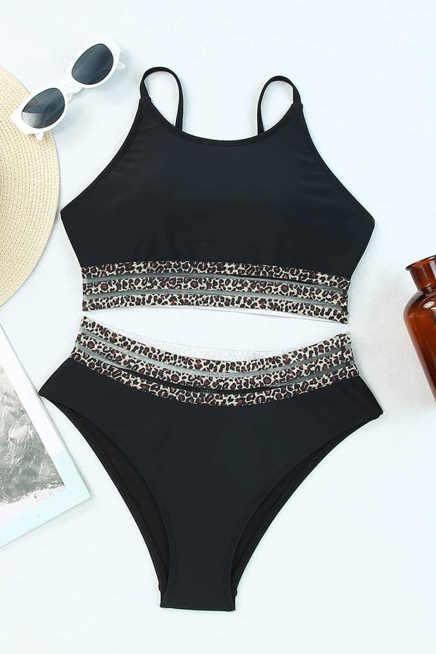 Black Rose Leopard Mesh Trim 2pcs Bikini Swimsuit Black Rose Leopard Mesh Trim 2pcs Bikini Swimsuit