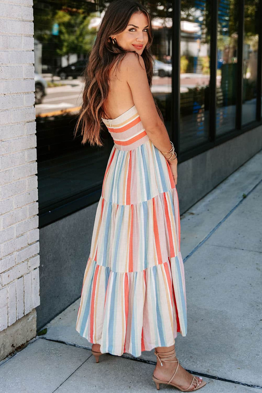 Multicolor Striped Tie Decor Strapless Tiered Maxi Dress