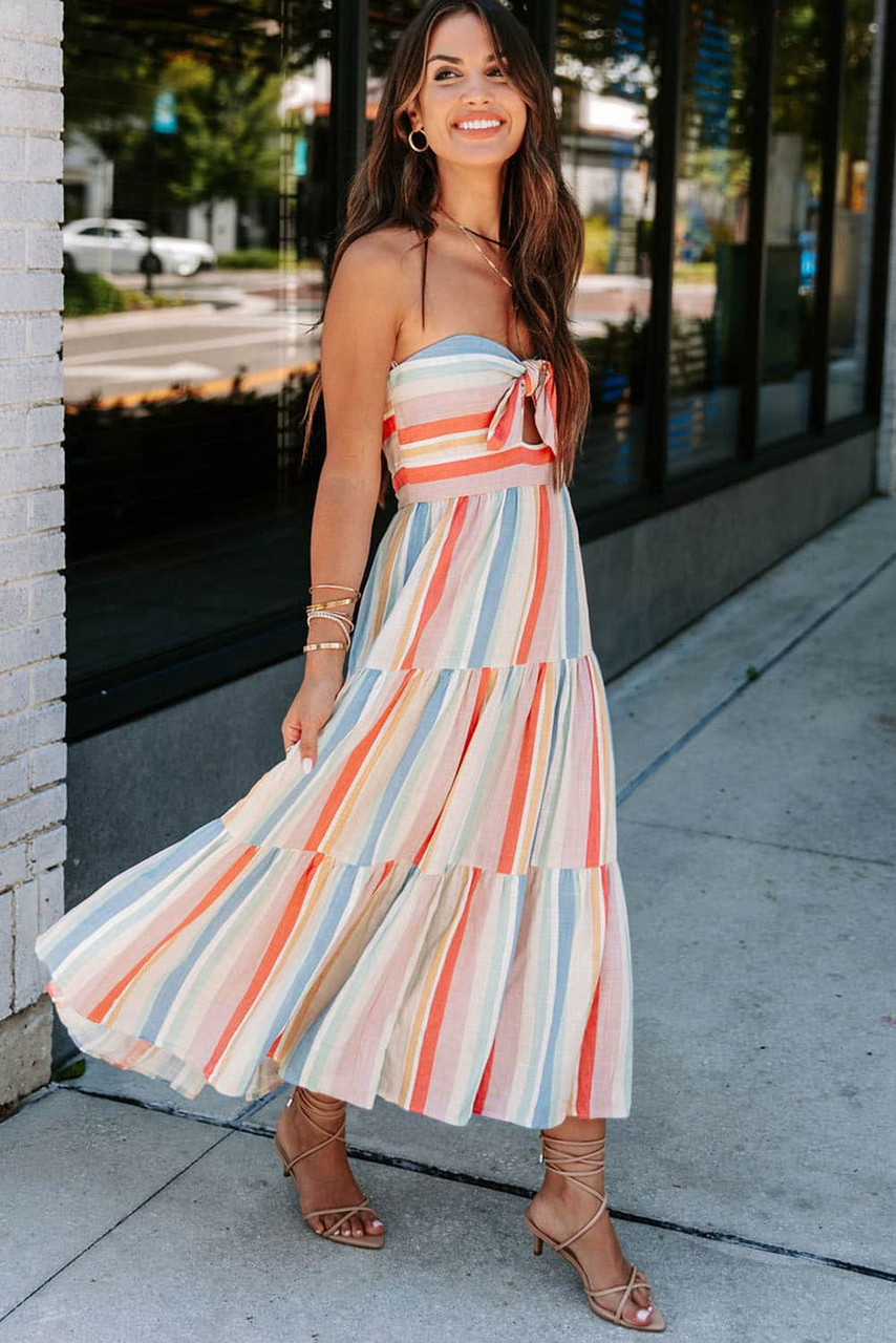 Multicolor Striped Tie Decor Strapless Tiered Maxi Dress