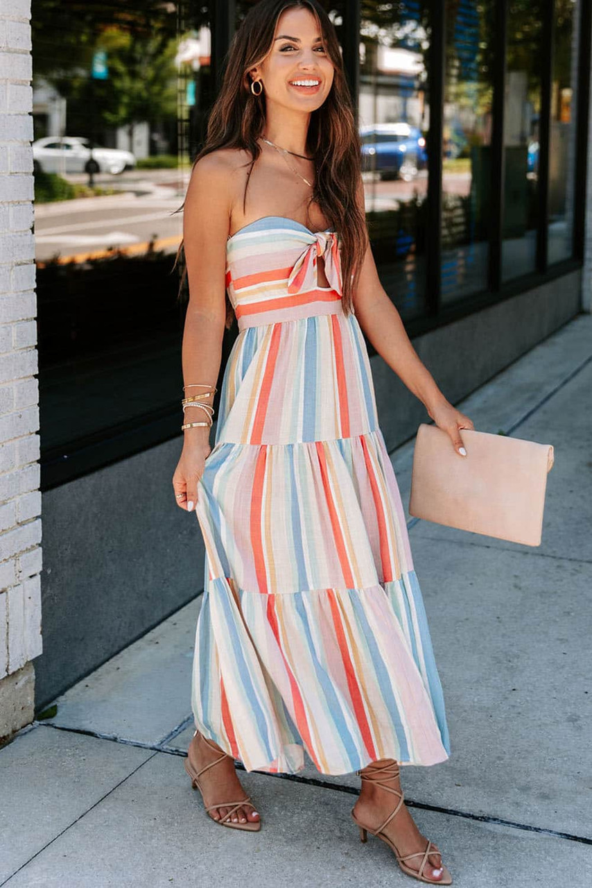 Multicolor Striped Tie Decor Strapless Tiered Maxi Dress