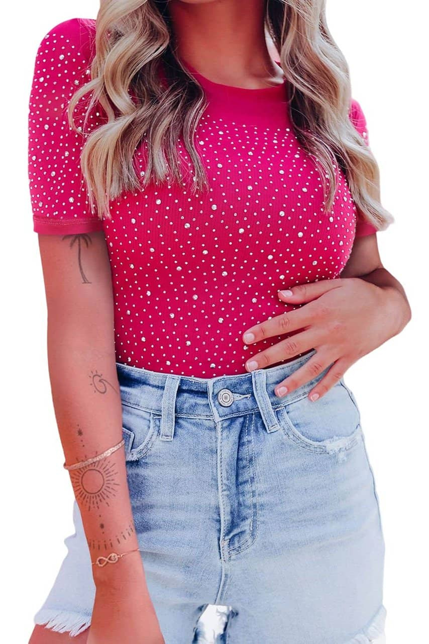 Rose Rhinestone Allover Round Neck Short Sleeve Bodysuit Rose Rhinestone Allover Round Neck Short Sleeve Bodysuit