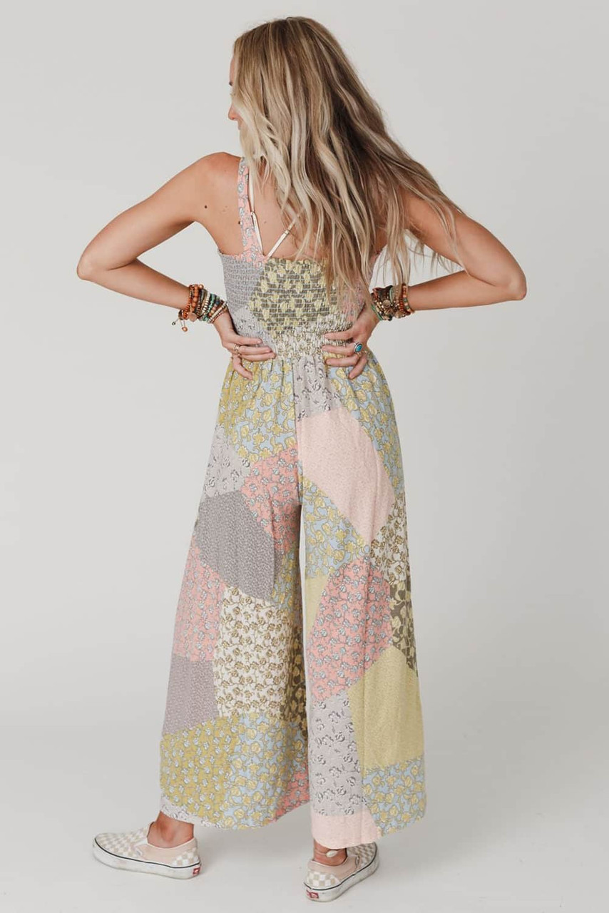 Multicolor Irregular Patchwork Print Smocked Wide Leg Jumpsuit