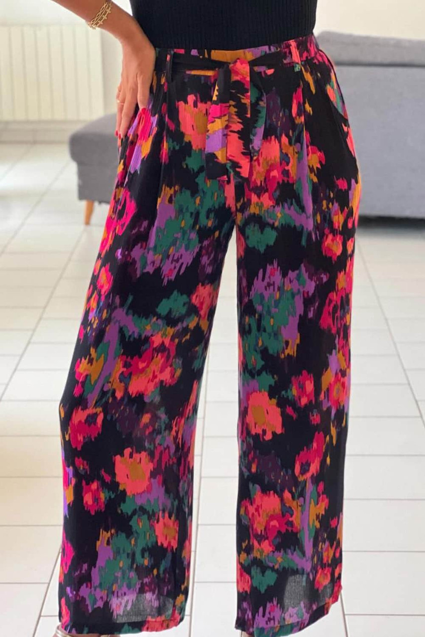 Black Abstract Print Drawstring Waist Wide Leg Pants