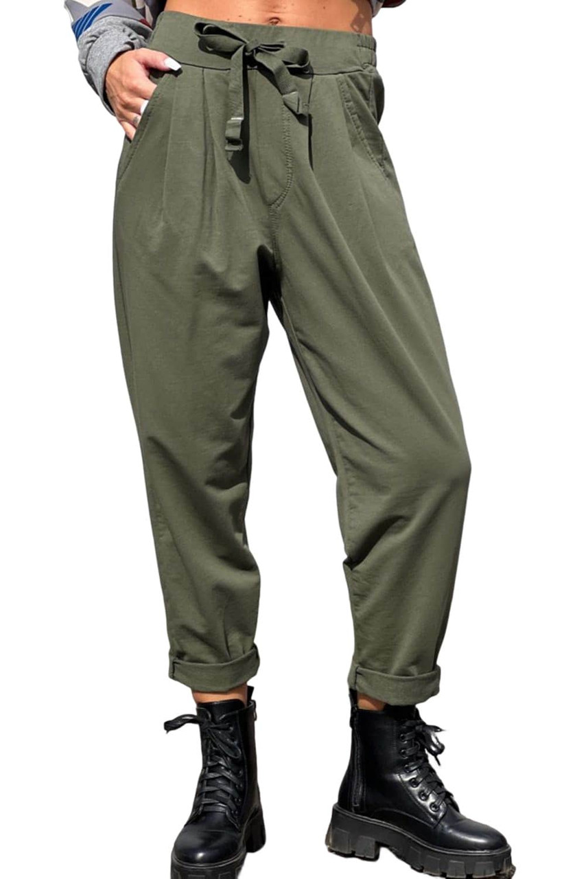 Green Casual Elastic Drawstring Waist Pants