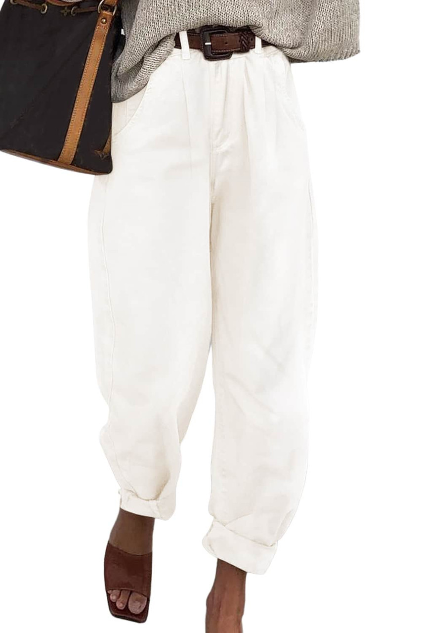 White Solid High Waist Casual Pants