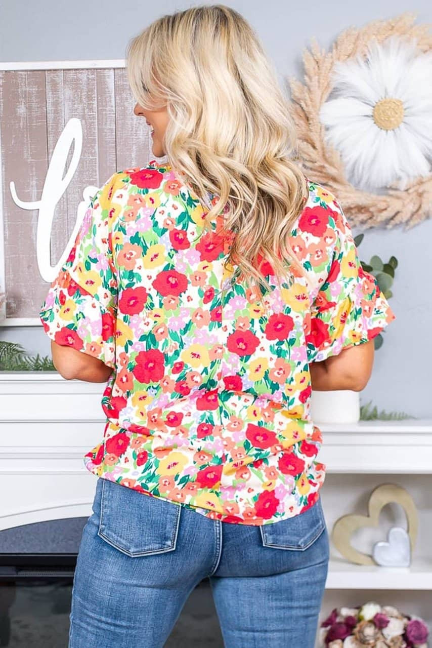 Red Floral Print Ruffled Short Sleeve V Neck Blouse Red Floral Print Ruffled Short Sleeve V Neck Blouse