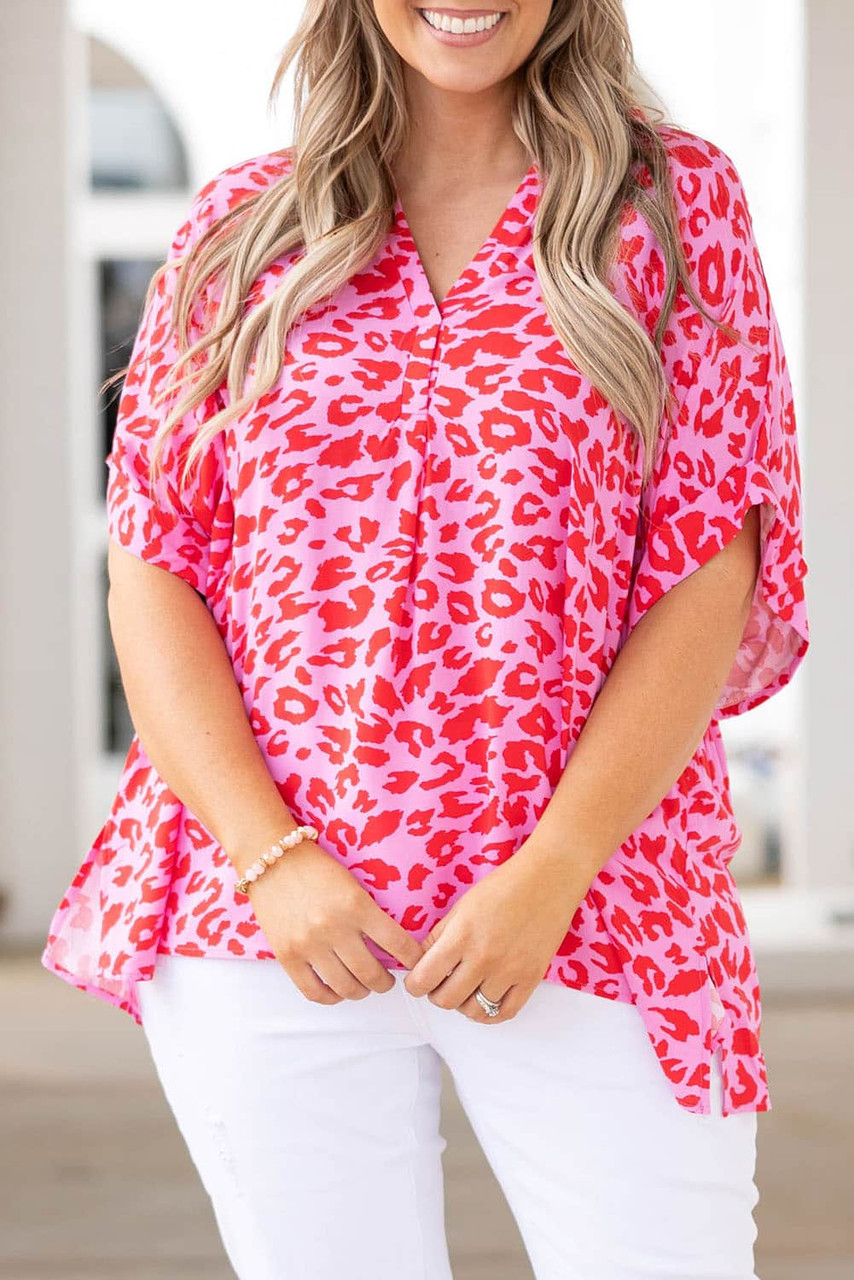 Rose Leopard Print V Neck Half Sleeve Plus Size Blouse