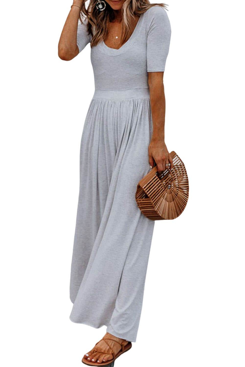 Gray Short Sleeve Bodice Flowy Wide Leg Jumpsuit