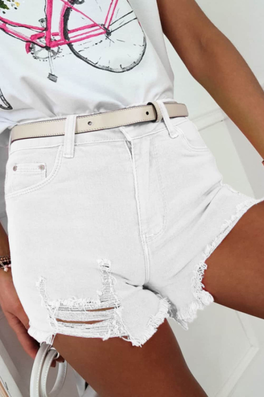 White Solid Color Distressed Denim Shorts