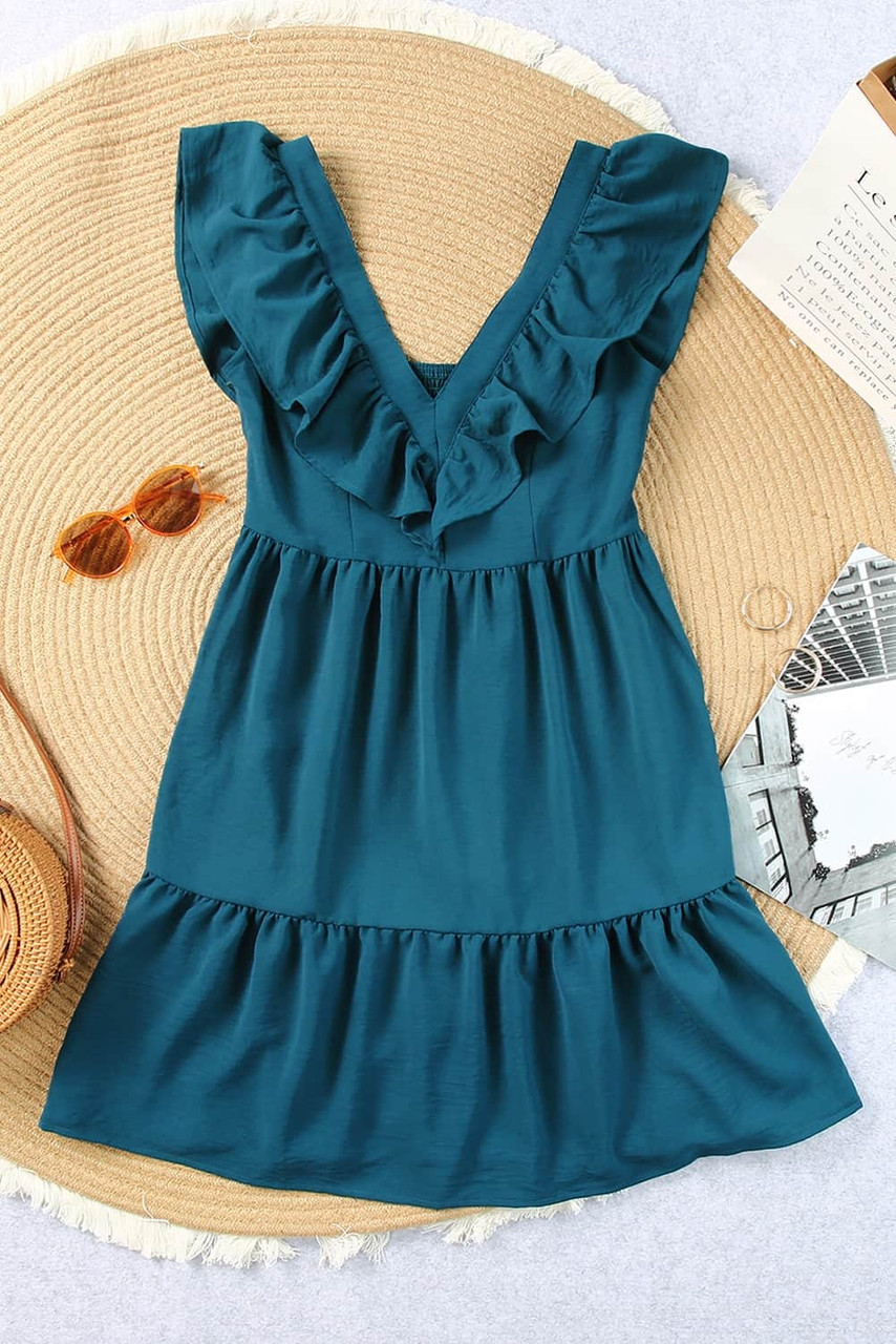 Blue Ruffle Trim V Neck Smocking Back Mini Dress