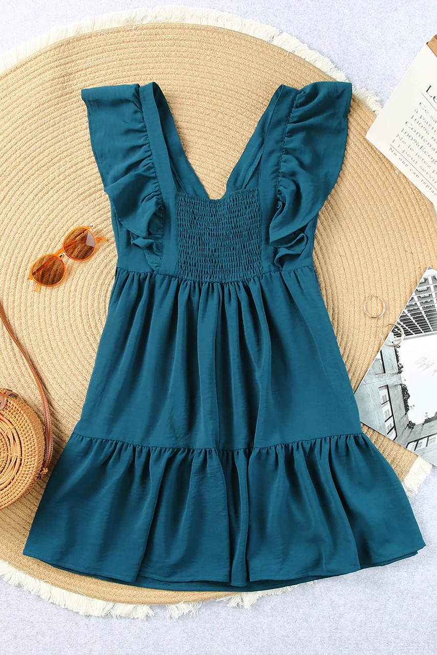 Blue Ruffle Trim V Neck Smocking Back Mini Dress