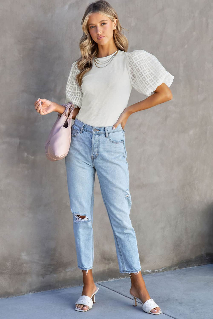 White Checkered Puff Sleeve Ribbed Knit Top