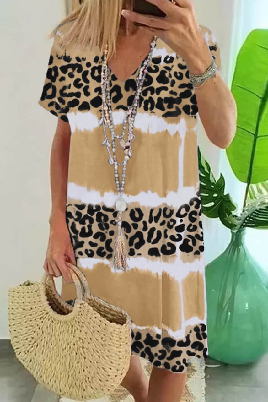 Yellow Leopard Color Block V-Neck T-shirt Dress