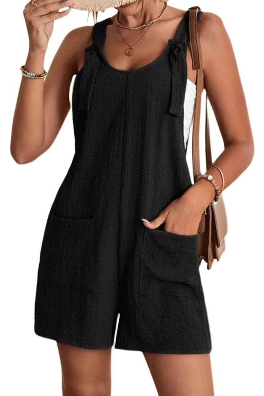 Black Adjustable Straps Pocketed Textured Romper Black Adjustable Straps Pocketed Textured Romper