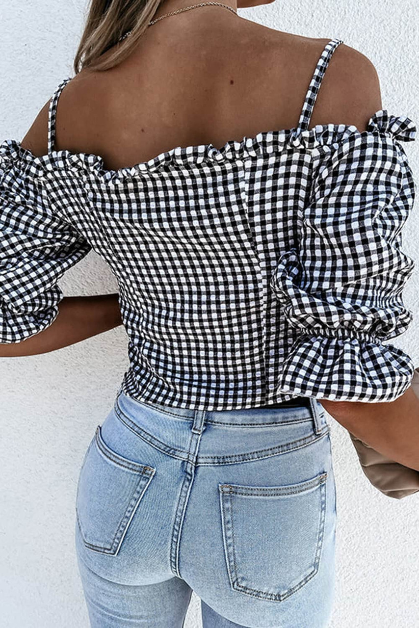 Black Sweetheart Gingham Button Down Cold Shoulder Blouse