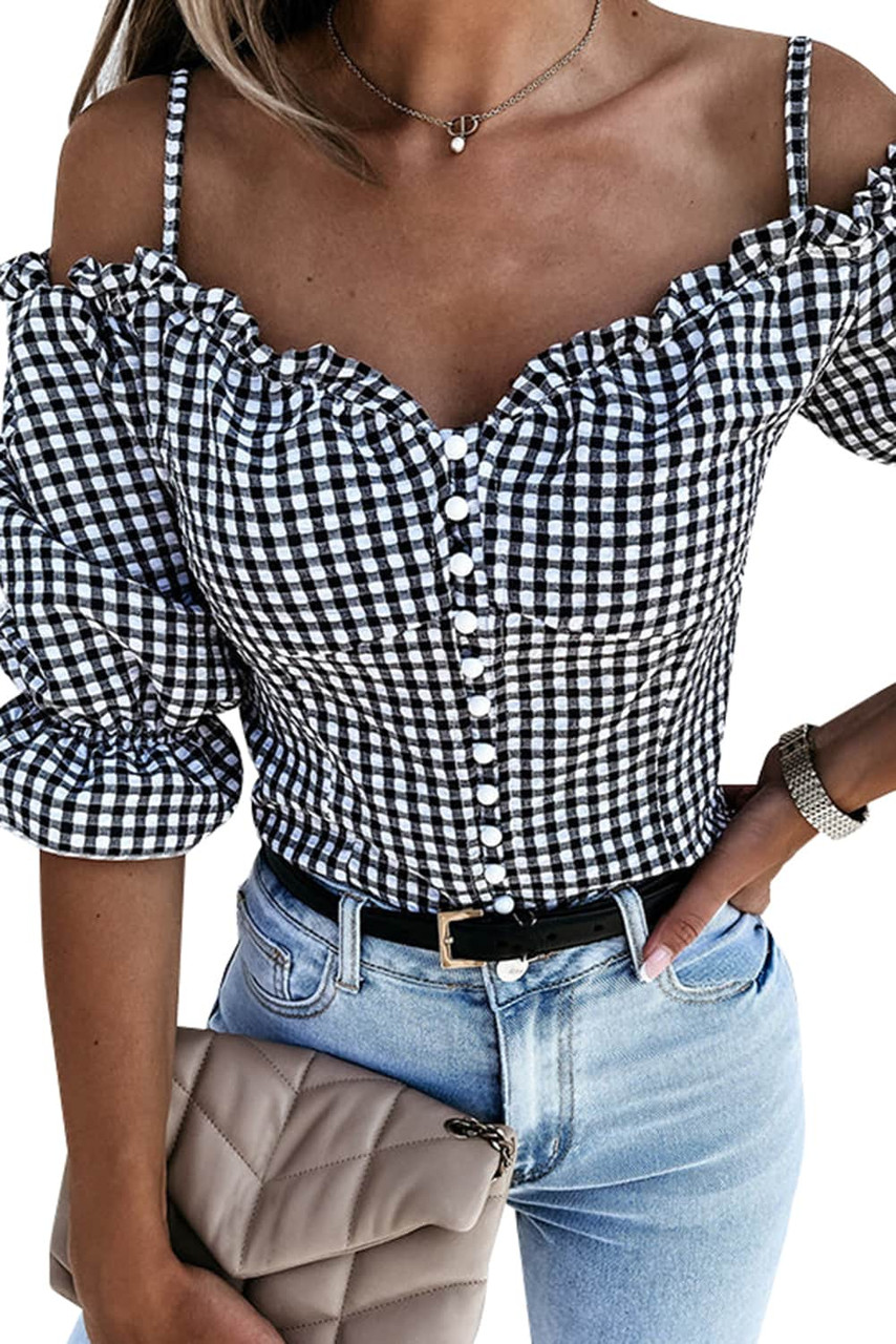 Black Sweetheart Gingham Button Down Cold Shoulder Blouse