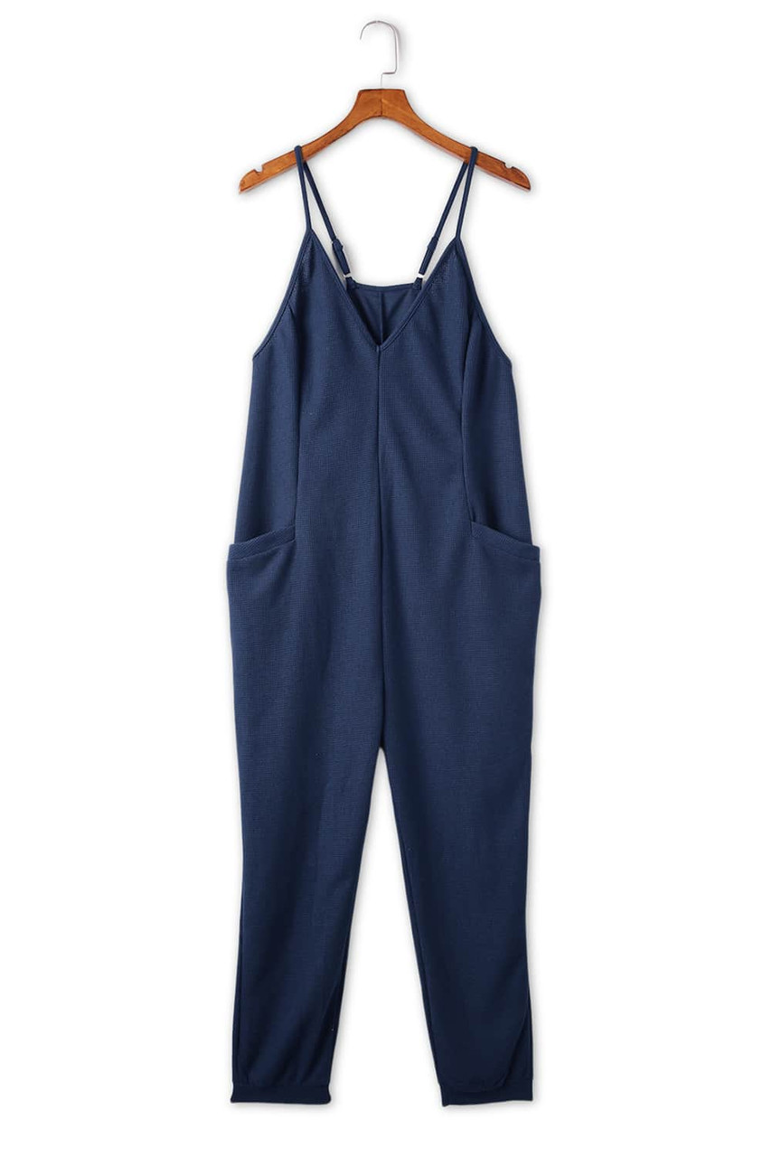 Blue Textured Sleeveless V-Neck Pocketed Casual Jumpsuit