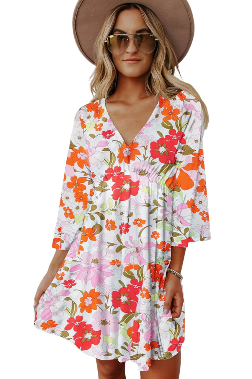 Orange V Neck 3/4 Sleeve Floral Dress