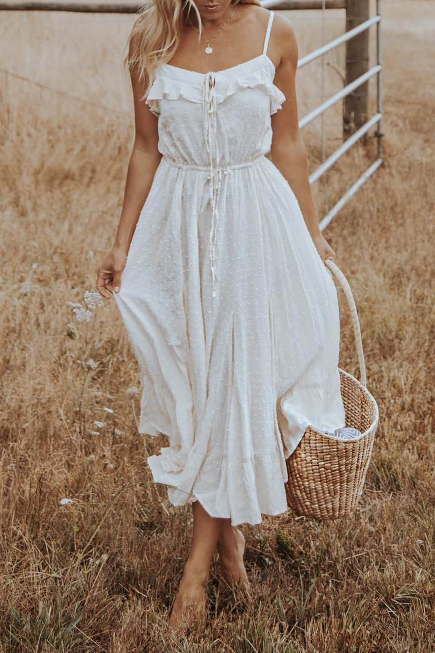 White Swiss Dot Spaghetti Straps Ruffled Maxi Dress