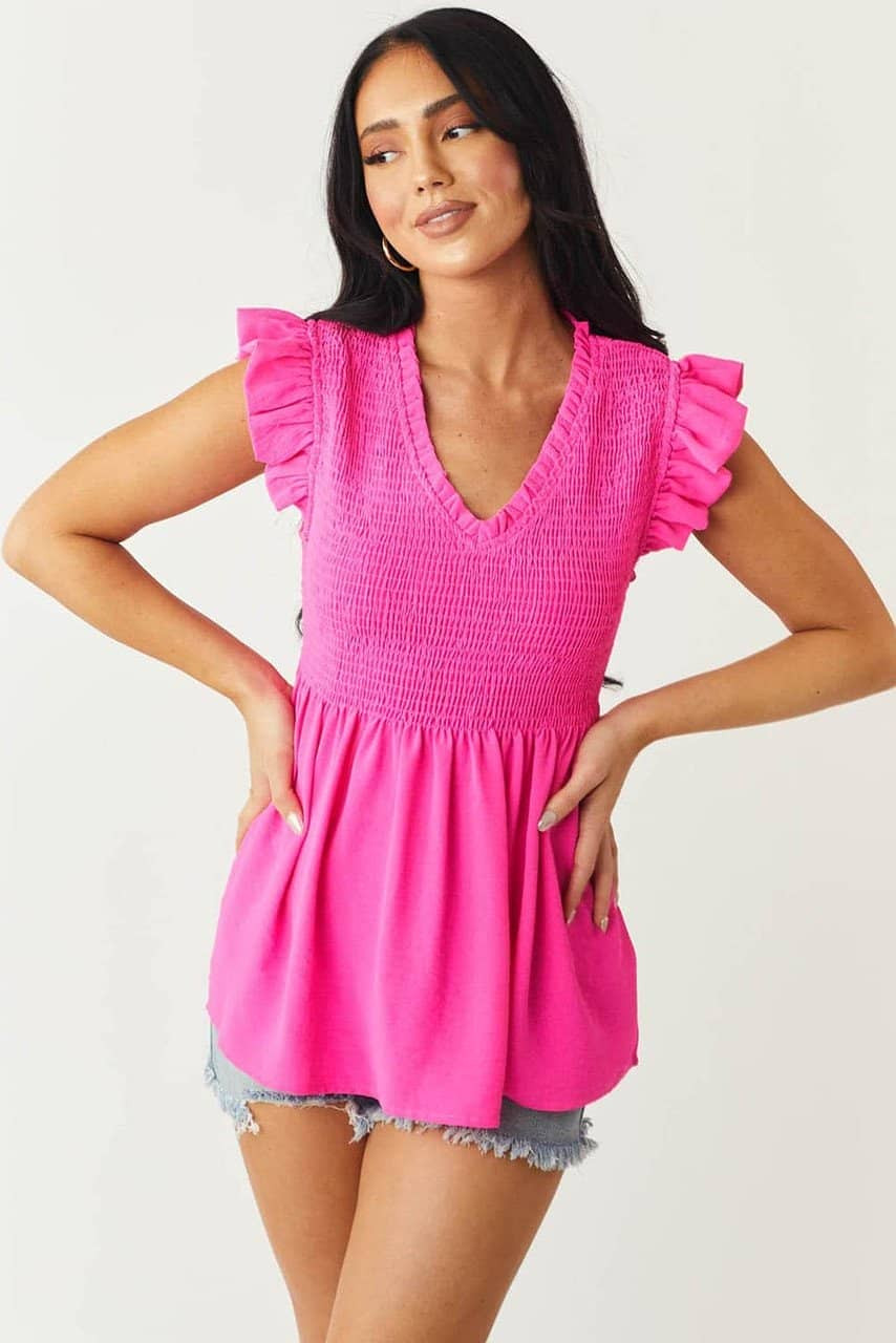 Rose Smocked Ruffle Flutter Sleeve Peplum Blouse