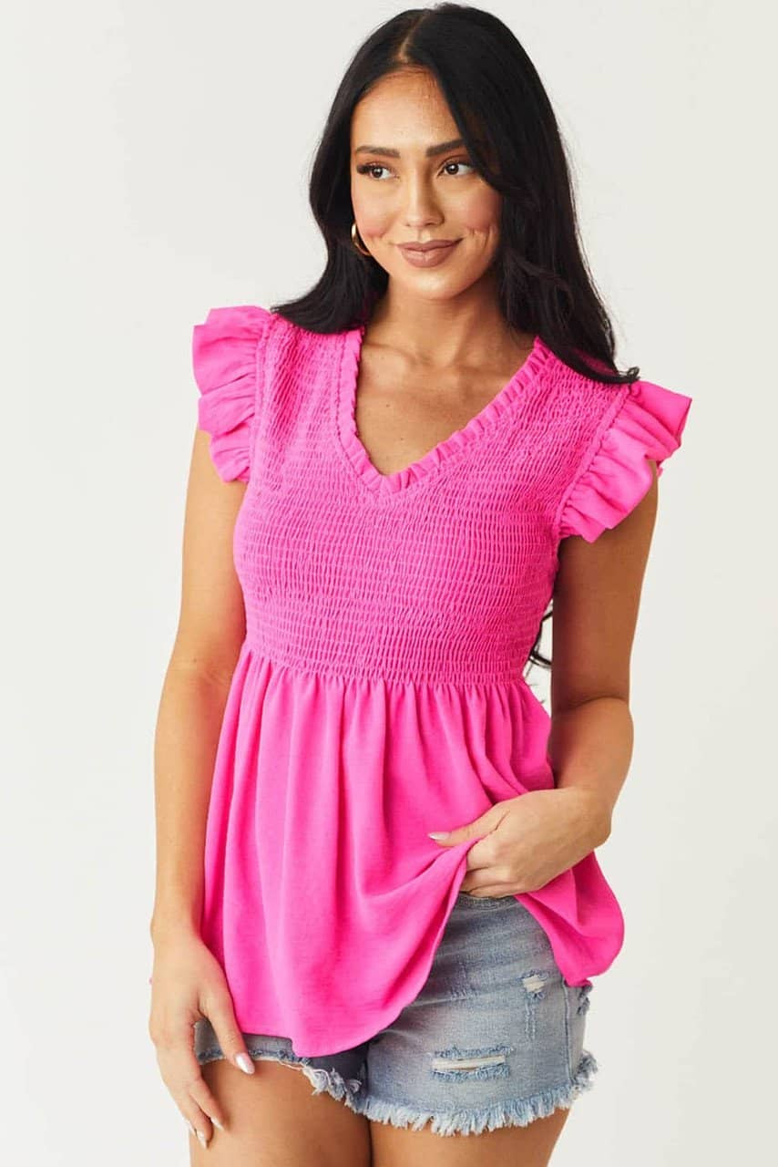 Rose Smocked Ruffle Flutter Sleeve Peplum Blouse