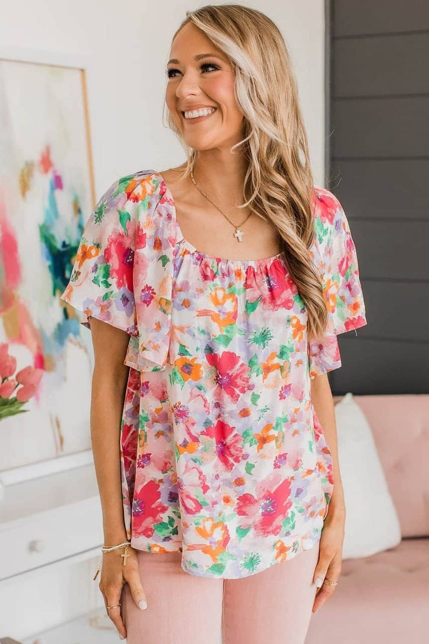 Multicolor Watercolor Floral Square Neck Ruffle Sleeve Blouse Multicolor Watercolor Floral Square Neck Ruffle Sleeve Blouse