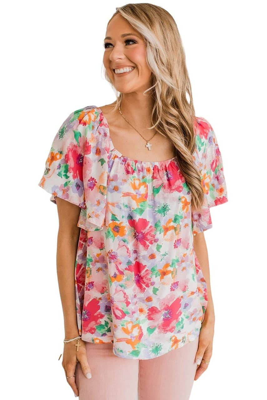 Multicolor Watercolor Floral Square Neck Ruffle Sleeve Blouse Multicolor Watercolor Floral Square Neck Ruffle Sleeve Blouse