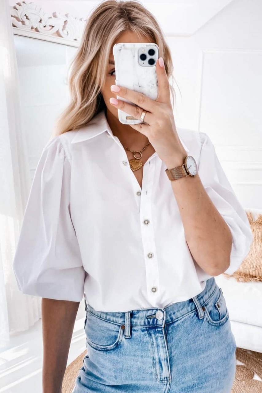 White Turn-down Neck Puff Sleeve Shirt