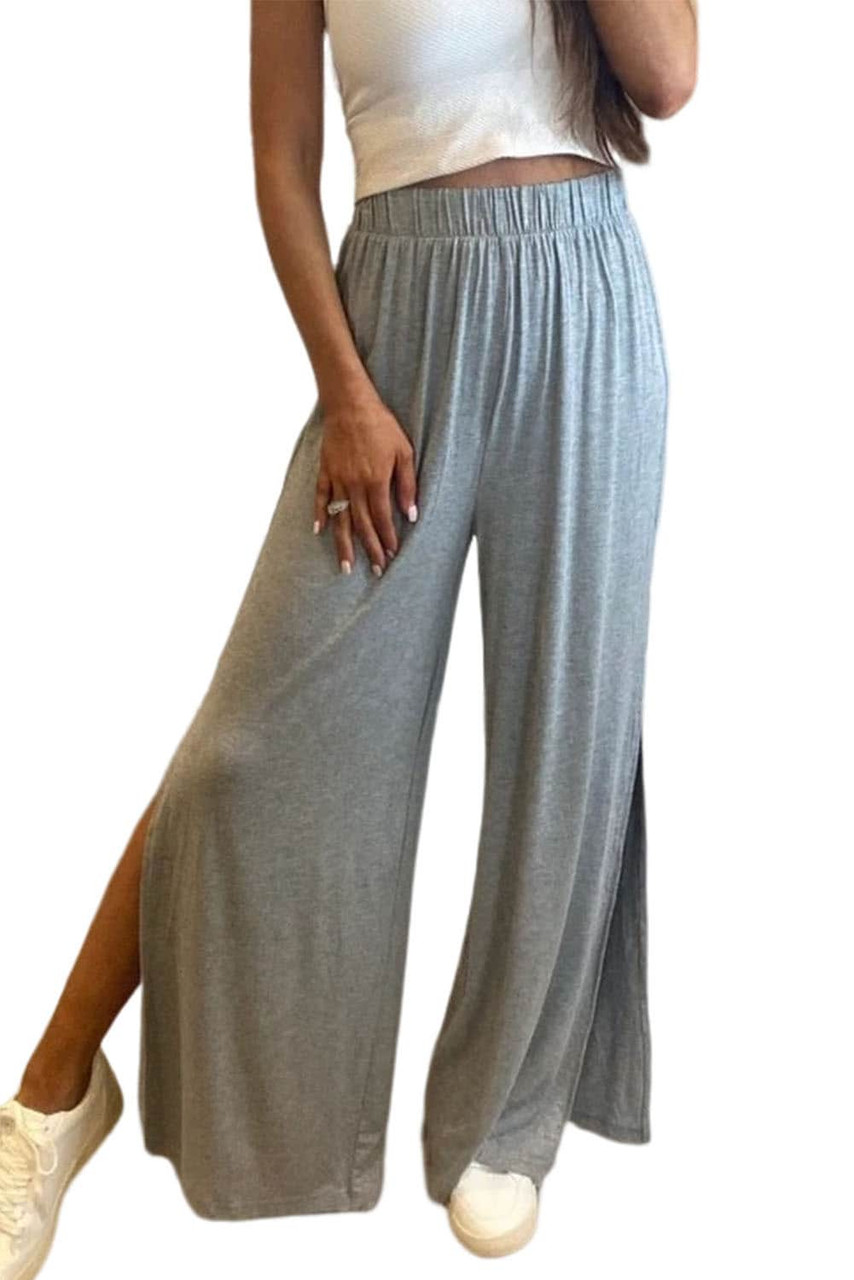 Gray Side Slits Wide Leg High Waist Pants