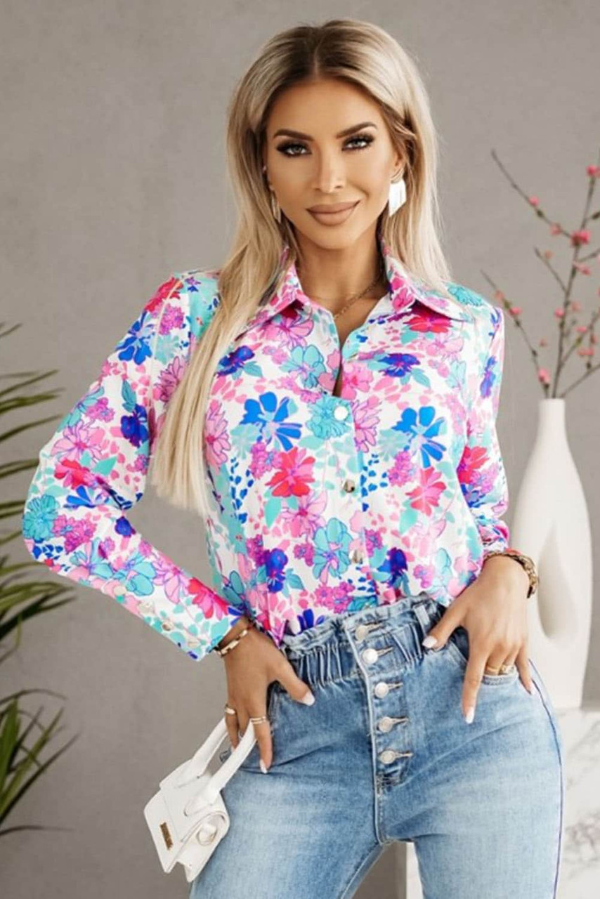 Sky Blue Flower Print Button-up Slim-fit Long Sleeve Shirt