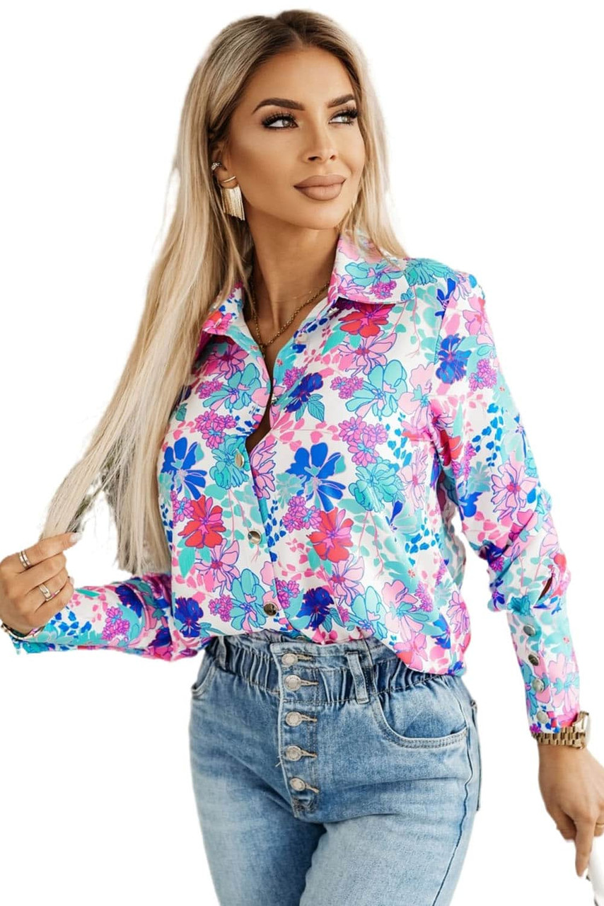 Sky Blue Flower Print Button-up Slim-fit Long Sleeve Shirt