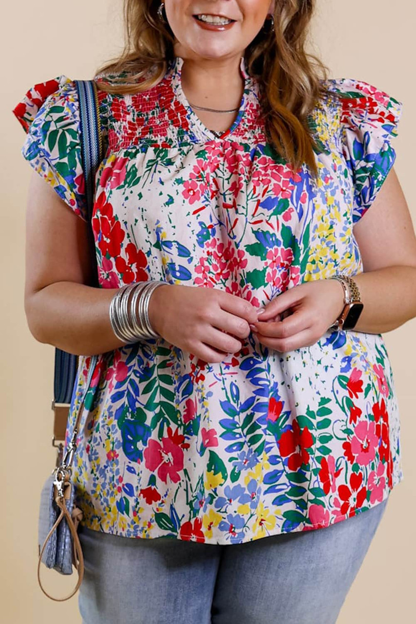 Red Plus Floral Print Ruffle Cap Sleeve V Neck Blouse