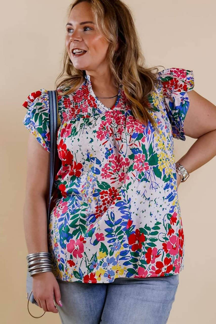Red Plus Floral Print Ruffle Cap Sleeve V Neck Blouse Red Plus Floral Print Ruffle Cap Sleeve V Neck Blouse