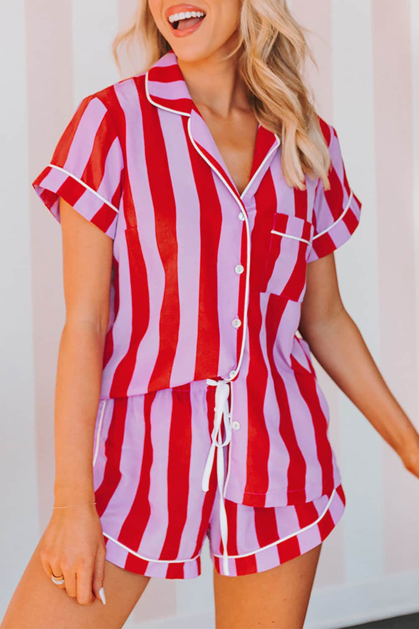 Red Color Block Striped Short Sleeve Pajamas Set