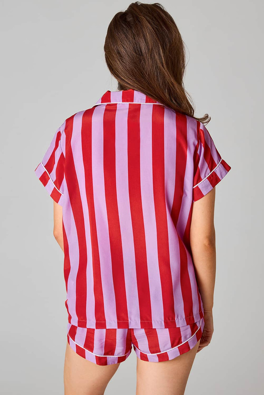 Red Color Block Striped Short Sleeve Pajamas Set